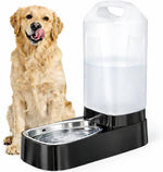 Lesotc automatic dog water bowl dispenser front view showcasing the large transparent barrel and stainless steel bowl.