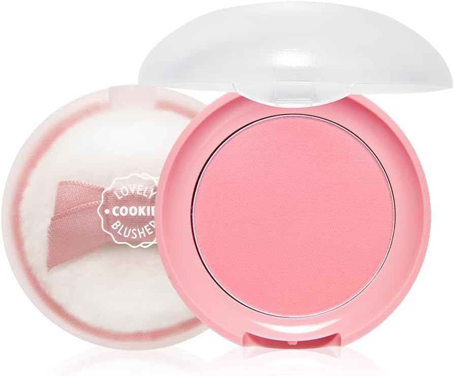 Swatches of ETUDE Lovely Cookie Blusher in Grapefruit Jelly demonstrating buildable color payoff.
