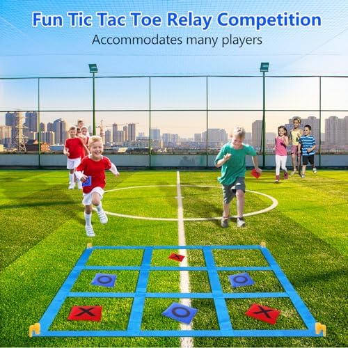 The 4-foot nylon grid for giant Tic Tac Toe laid out on grass.