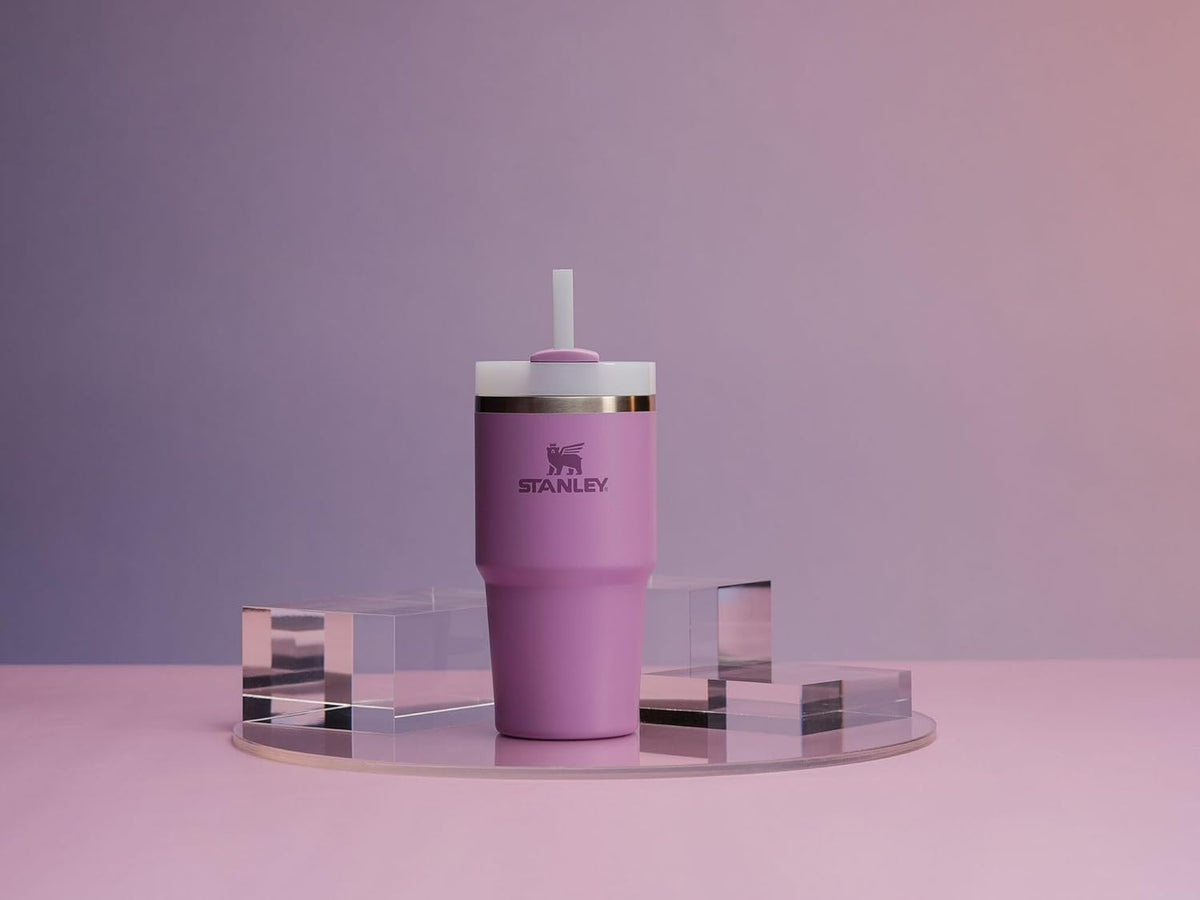 Stanley lilac pastel travel mug standing on a desk for everyday hydration