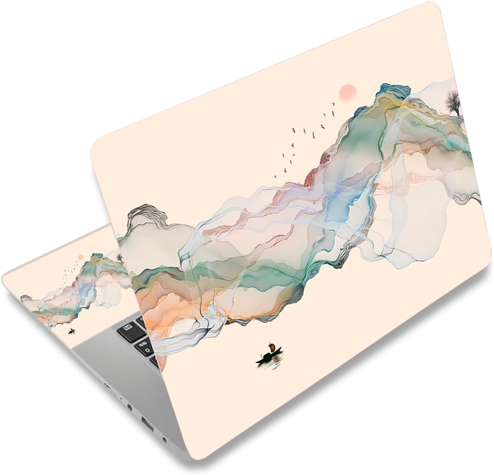 Lauspuck laptop skin sticker front view displaying ink mountain design on fifteen point six inch notebook cover