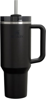 Stanley black tumbler front view with handle and straw