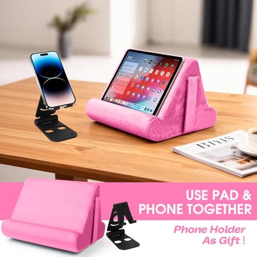 Sttargxing soft pad tablet stand pink highlighting the external mesh pocket holding charging cables