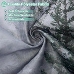 Water droplets sliding off the waterproof thick polyester fabric surface of the woodland bath curtain.