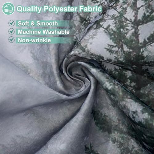 Water droplets sliding off the waterproof thick polyester fabric surface of the woodland bath curtain.