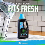 FunkAway Extreme Odor Eliminator liquid pouring into a washing machine dispenser.