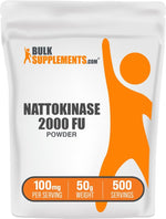 BulkSupplements Nattokinase 2000 FU clean formulation overview showing 100 milligram per serving dosage instructions.