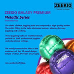 Side angle view showing the metallic purple leather finish of Zeekio juggling balls