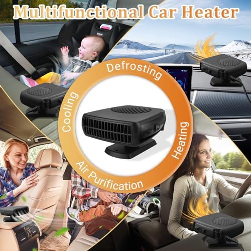 Compact 12 volt car heater clearing windshield frost in winter conditions