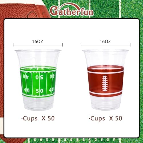 Gatherfun sixteen ounce disposable cups showing the football field design.