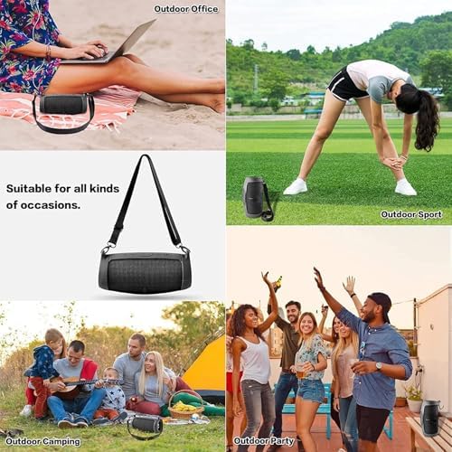 Black silicone protective case for outdoor speaker featuring adjustable shoulder travel strap