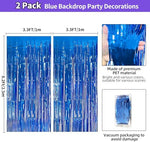JINSUI blue foil curtains installed on a doorway for an ocean themed birthday party setup.
