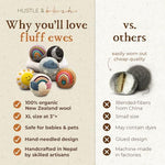 Comparison of colorful wool dryer balls showing extra large size for better air circulation
