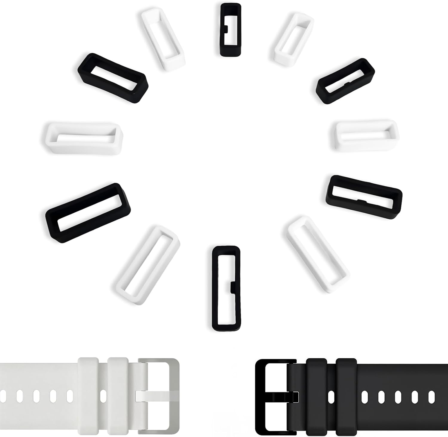 Notoke silicone watch band keepers twelve piece set shown from the front view.