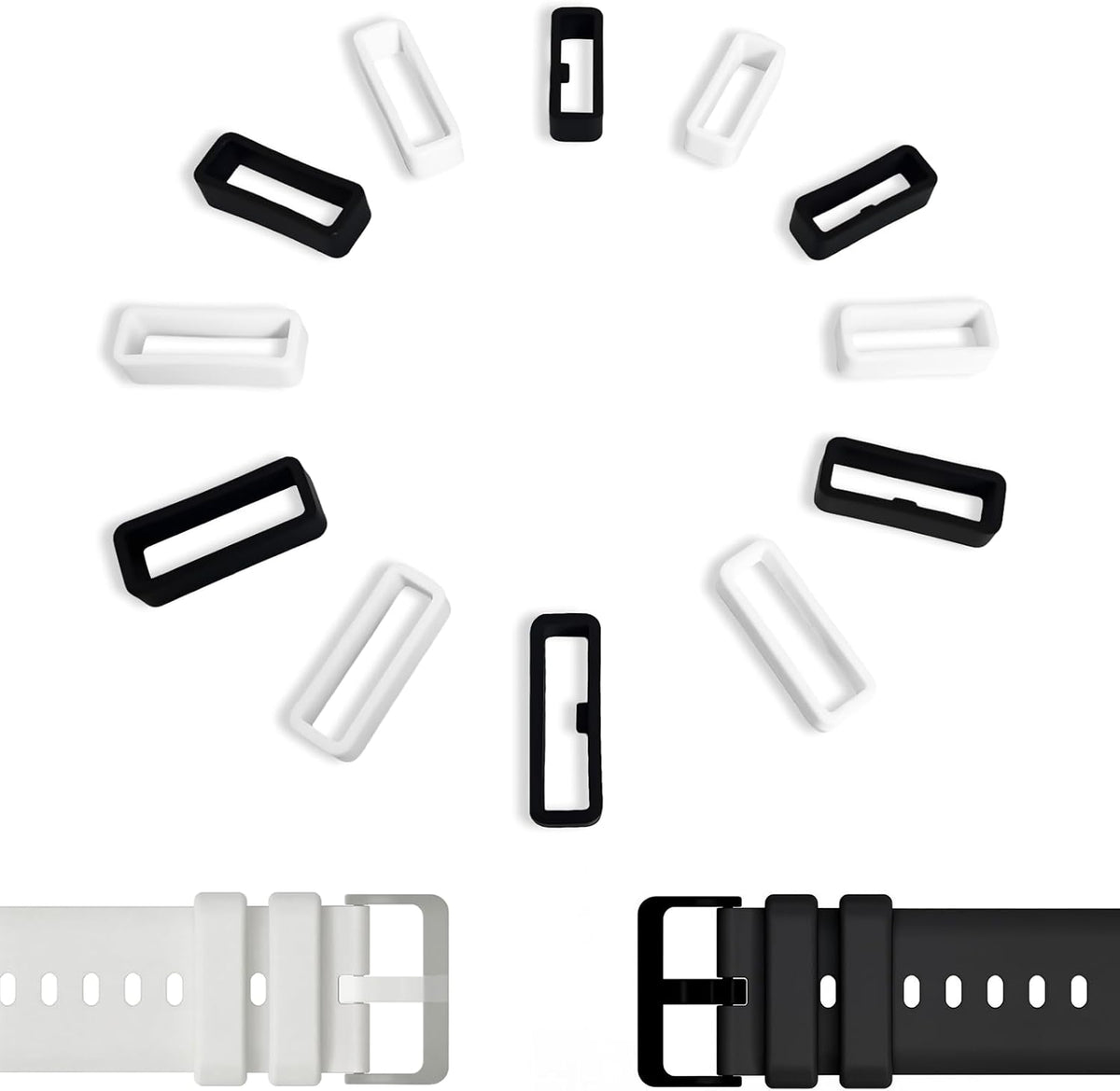 Notoke silicone watch band keepers twelve piece set shown from the front view.
