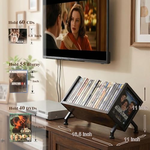 PUTNATRUE media shelf displayed on a modern home office desk holding twenty eight DVD cases and video games.