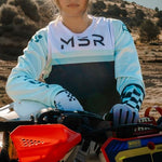 MSR Women's Nova female motocross shirt featuring stretch-fit collar close up