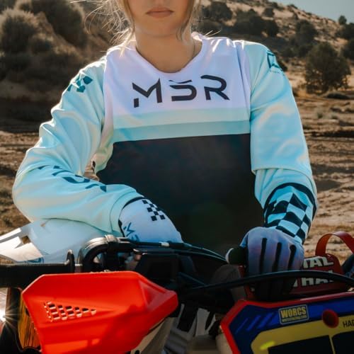 MSR Women's Nova female motocross shirt featuring stretch-fit collar close up