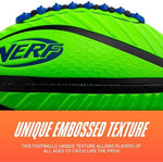 Angled shot of the green and black Nerf recreational football highlighting the embossed grip.