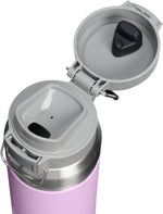 Wide mouth opening of the durable Stanley stainless steel sports bottle highlighting easy cleaning and ice filling.
