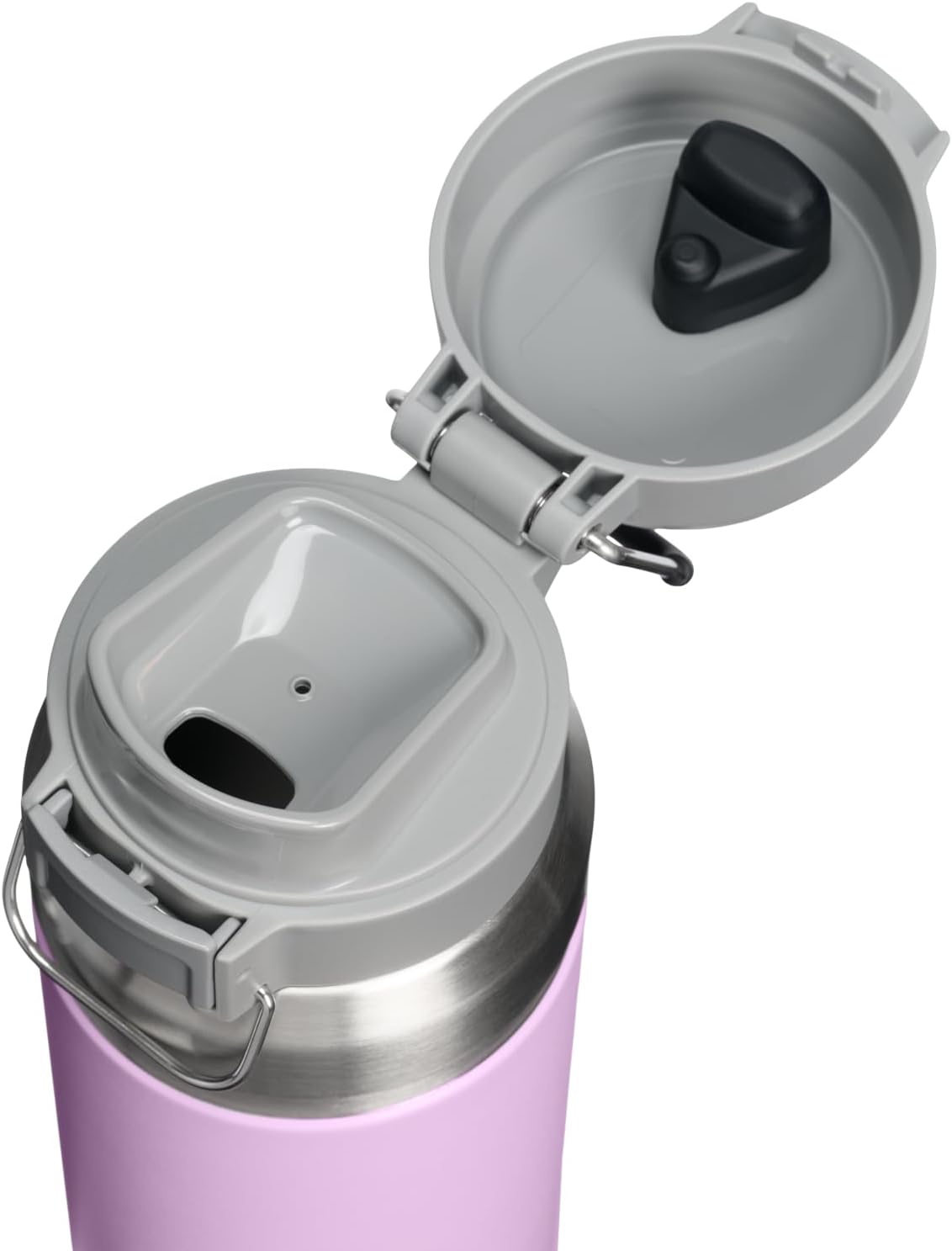 Wide mouth opening of the durable Stanley stainless steel sports bottle highlighting easy cleaning and ice filling.