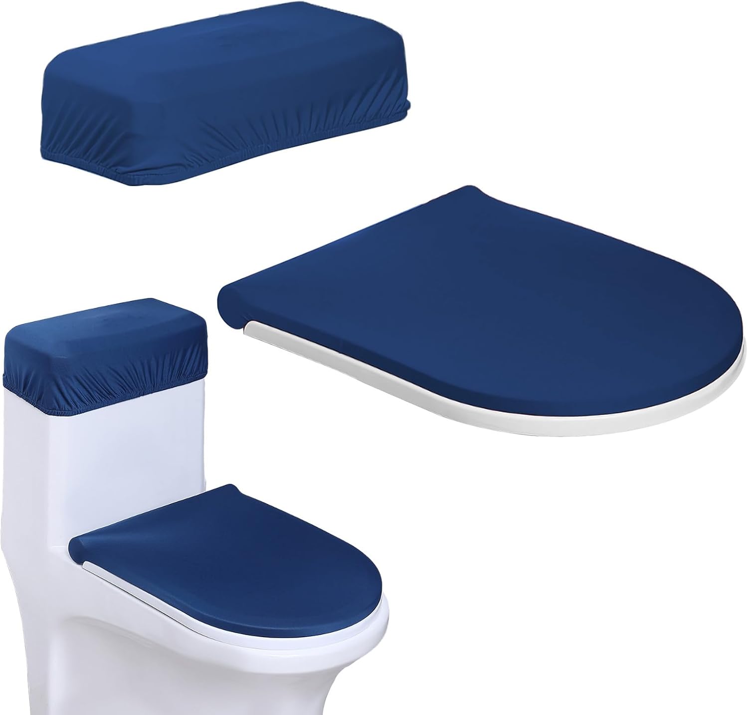 Generic elastic toilet lid cover blue front view showing soft stretchable polyester fabric texture on a standard bathroom commode.