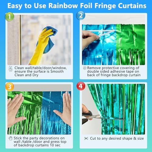 Two pack rainbow foil fringe curtains hanging over a standard doorway for pride events
