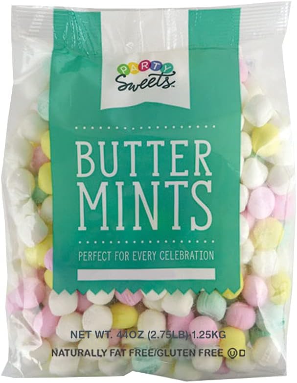Assorted pastel buttermints packed inside transparent mesh party favor bags.