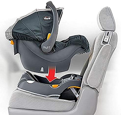 Premium charcoal colored infant safety system base set by Chicco close up on SuperCinch LATCH tightener.