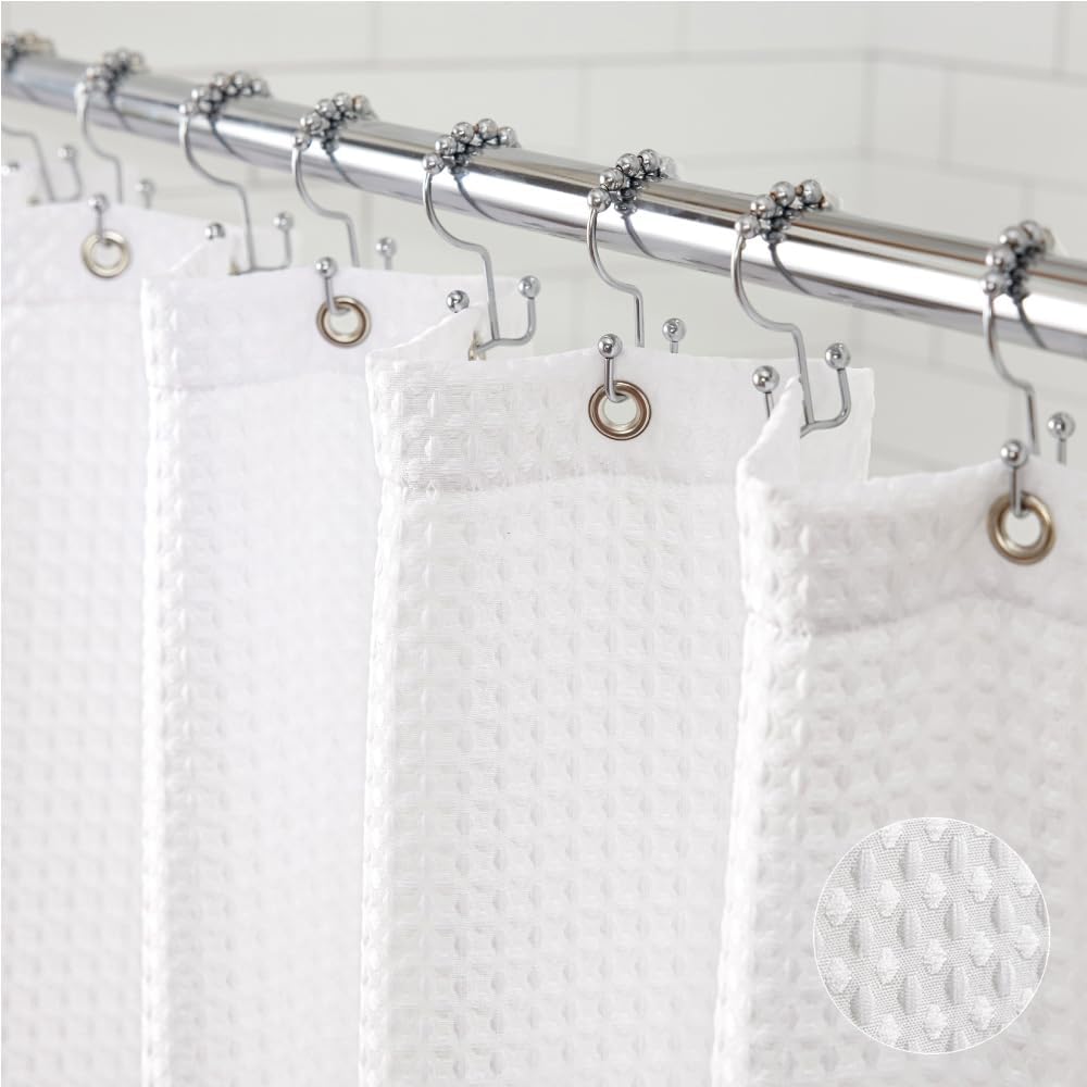 Gorilla Grip Waffle Weave Shower Curtain front view hanging in bathroom