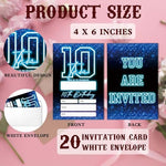 SIXEIGHT Glow Neon 10th Birthday Invitations pack containing twenty cards and matching white envelopes