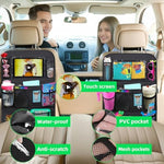 Two pack of black AXELECT car organizers laid flat displaying all mesh and solid storage compartments.