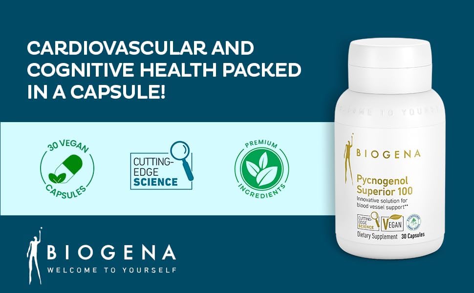 Close up of Biogena Pycnogenol plant based capsule shells alongside original product box.