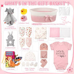Zopeal baby shower gift set for girls showcasing the large sixteen inch plush elephant toy and pink cotton bodysuit