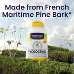 Healthy Origins Pycnogenol 120 veggie caps packaging highlighting the non-GMO and soy-free certifications.
