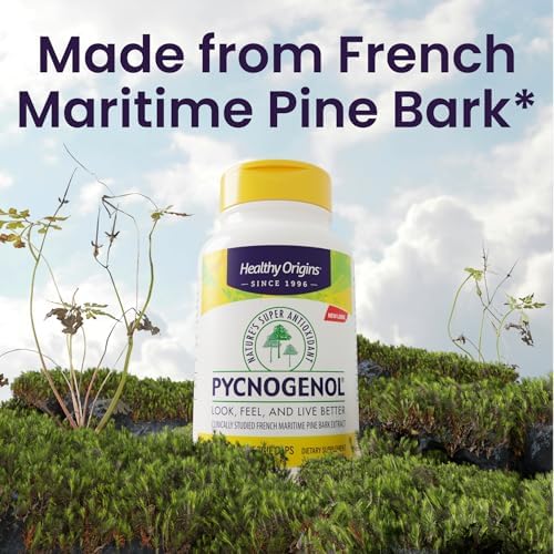 Healthy Origins Pycnogenol 120 veggie caps packaging highlighting the non-GMO and soy-free certifications.