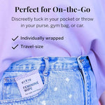 Portable Pixie Cup wipes packets fitting into a small purse for public bathroom use