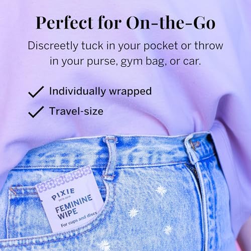 Portable Pixie Cup wipes packets fitting into a small purse for public bathroom use