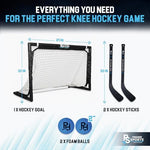 Two Premier Sports straight blade mini sticks and soft foam balls ready for a face off.