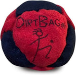 Dirtbag eight panel synthetic suede footbags arranged neatly next to the black drawstring pouch