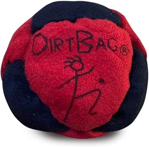 Dirtbag eight panel synthetic suede footbags arranged neatly next to the black drawstring pouch