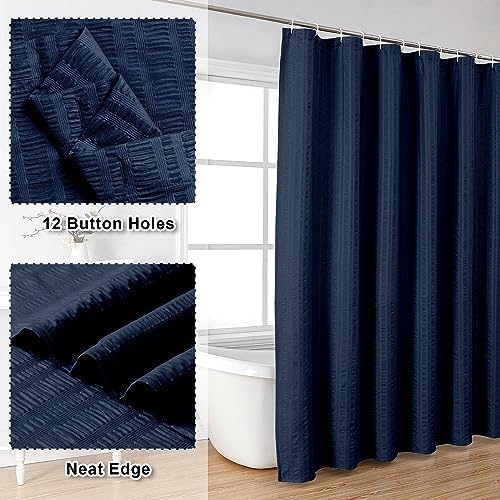 Close up view of the 3D embossed textured pattern on the navy blue polyester cloth.