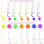 Neon star garlands and swirls creating a glowing backdrop for a birthday party