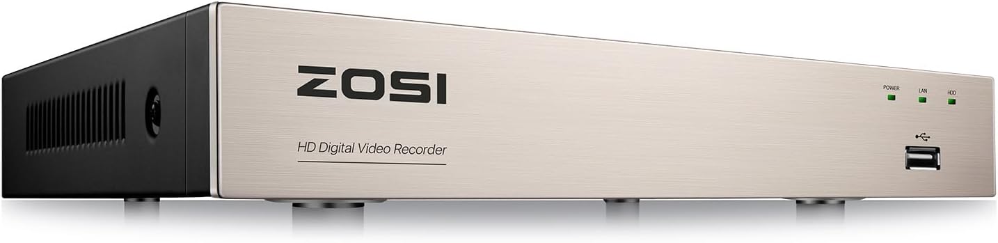 ZOSI 8 channel CCTV DVR recorder front view displaying sleek black metal finish home surveillance technology