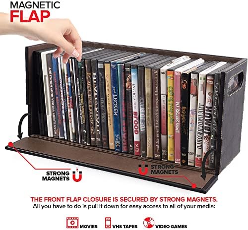 Stock Your Home espresso disc holder showing magnetic front flap open with video games