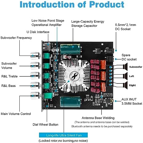 Hosyond 2.1 channel audio power module displaying top layout with integrated cooling fan.