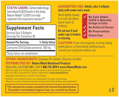 Side view of authentic Nature Made CoQ10 dietary supplement showing gluten free and no artificial flavors claim.