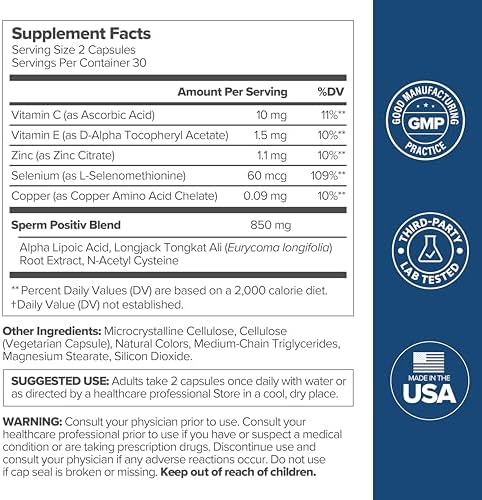 O Positiv Preggo Sperm Health 60 count container showing antioxidant and testosterone support features