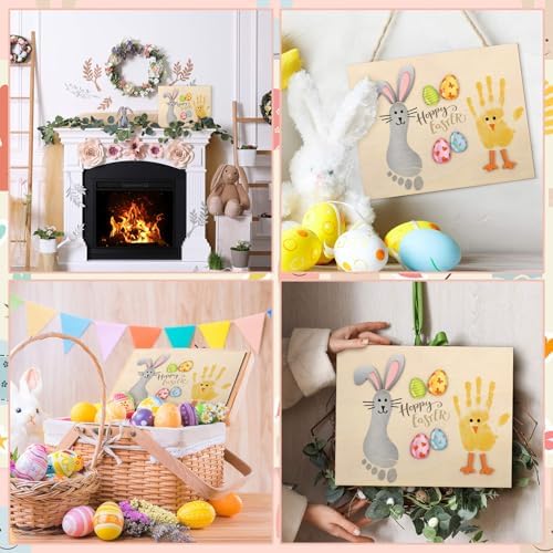 Completed baby footprint art ideas at home layout featuring the Hoppy Easter greeting design
