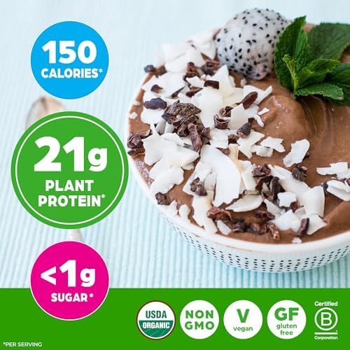 Healthy smoothie bowl made with Orgain chocolate protein powder
